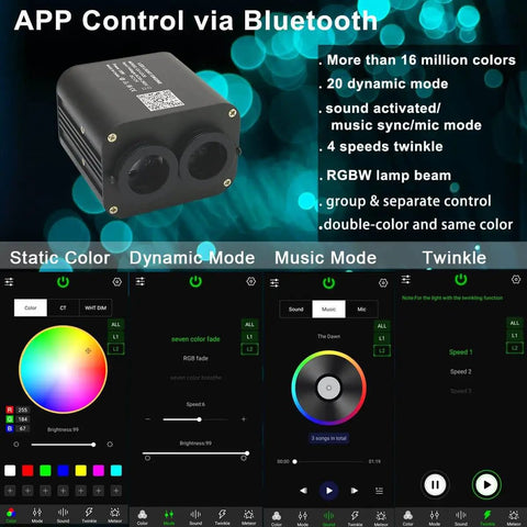 Dual Color 20W Fiber Optic Starlight Headliner Kit app control with Bluetooth features and light control interface