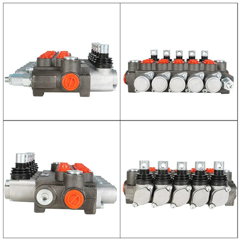 Collage of a Five Spool Hydraulic Valve for tractors and loaders with SAE ports, showing different angles of the durable cast iron construction.