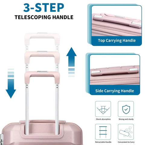 3-step telescoping handle on lightweight nude pink 2 piece carry on luggage set with 20 inch hardside spinner case and 14 inch mini cosmetic case.