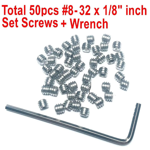 304 Stainless Steel Hex Socket Set Screws 8-32 X 1/8 Inch, 50-Piece Set With 5/64 Inch Allen Wrench on white background