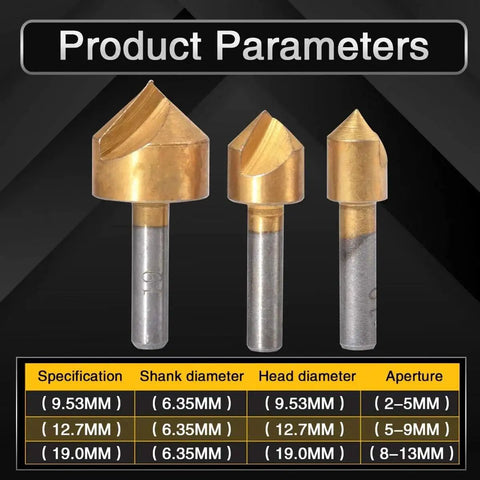 Three Piece HSS Chamfer Countersink End Mill Set For Woodworking With 90 Degree Single Flute Titanium Plated Cutter Bits