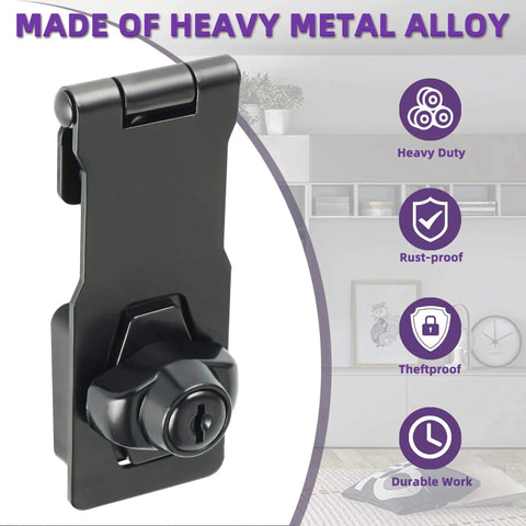 Keyed Hasp Lock 4 Inch Heavy Duty Pack Lock Clasp for Cabinets, Closets, Drawers, Barns, Fences and Garage Doors Black Zinc Alloy