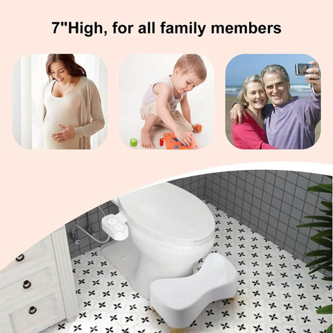 Squat Toilet Stool For Adults And Kids, 7 Inch Tall, Non Slip Poop Stool With 550 Lbs Capacity next to a toilet in bathroom