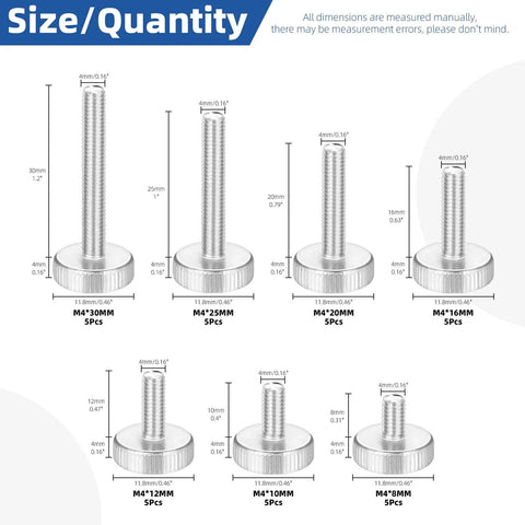 Diagram of 35 Piece M4 Knurled Thumb Screw Set With Seven Lengths 8mm 10mm 12mm 16mm 20mm 25mm 30mm Fully Threaded Round Flat Knurled Head Bolts