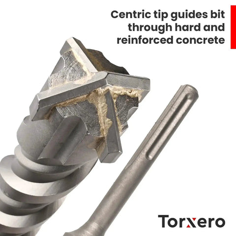 Close-up of Premium 8 Piece SDS Max Drill Bit Set For Concrete With Fourteen Inch Length, Double Flute Cross Tip, Universal Shank.