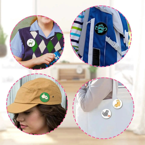 DIY badges made with Bulk 300 Pcs 58mm Button Maker Supplies Kit displayed on clothing, backpack, cap, and tote bag