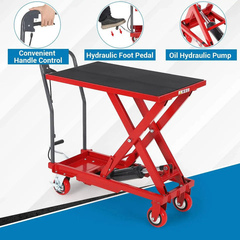 500 Lb Hydraulic Lift Table Cart With 28.5 Inch Lift And Non Slip Pad Red, featuring steel frame and hydraulic pump