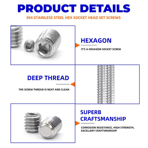 Close-up of 500Pcs Stainless Steel Set Screws Assortment Kit With Allen Head Grub Screws For Bathroom Fixtures And Towel Bar Sizes M2 5 M3 M4 Built For Tight Fits And Shock Resistant Assembly showing hex socket and deep thread.