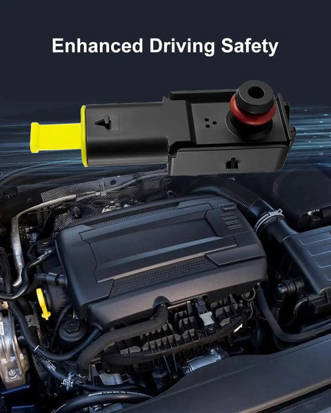 Brake booster pressure sensor with yellow plunger and black housing in engine bay