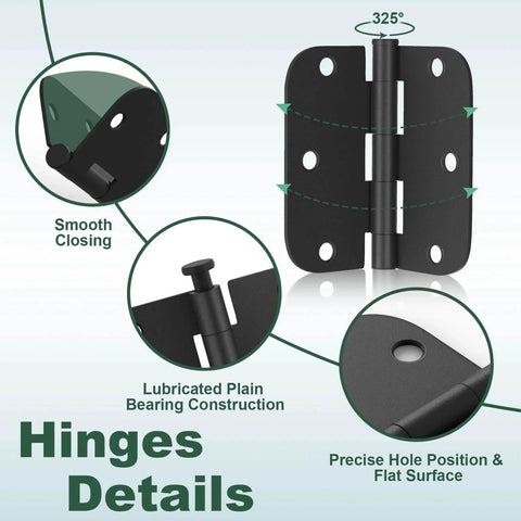 30 Pack Matte Black Door Hinges 3.5 by 3.5 Inch Five Eighth Inch Radius Interior Hinges with Six Holes and Removable Pins