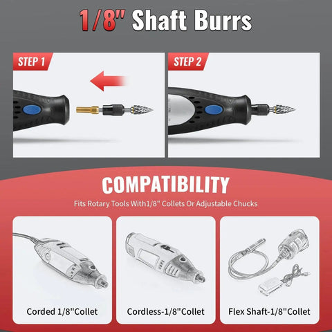 Diagram showing installation and compatibility of 20Pcs Tungsten Carbide Burr Set One Eighth Inch Shank For Die Grinders Pro Grade Compatible With Dremel Metal Grinding Bits Fits Die Grinder Rotary Drill For Wood Stone Steel Engraving And Cutting Includes 2 Collets.