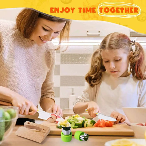 Mother and child using Kid Friendly Toddler Knife Set For Real Cooking With Kidz Safe Blades Protective Gloves Mini Cutting Board