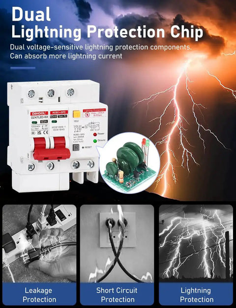 Heavy Duty Ground Fault Circuit Breaker With Surge Protection For DIN Rail Mount Two Pole 63 Amp 120V To 240V AC Leakage Trip 30mA Short Circuit Protection And Circuit Isolation with dual lightning protection