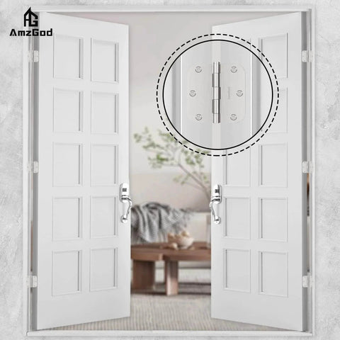 Installed Brushed Nickel Door Hinges 30 Pack For Interior Doors in a residential setting.