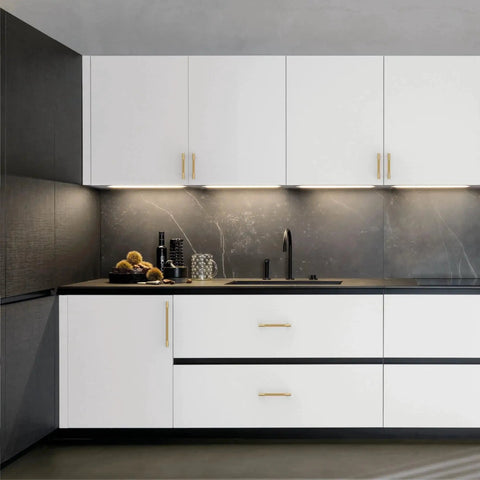 Modern kitchen with white cabinets featuring 10 Pack 5 Inch Champagne Bronze Cabinet Pulls For Kitchen Cabinets And Drawers Premium Champagne Gold Cupboard Hardware