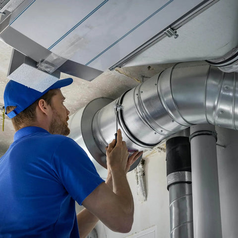 Technician repairing air duct in industrial building with tools, wearing blue uniform and cap, visible metal pipes and ceiling.