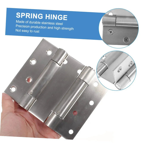 Hand holding heavy duty spring loaded double swing door hinge, stainless steel, weather-resistant, ideal for backyard doors and gates.
