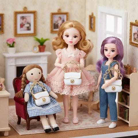 Three Pack Mini Handbag Set for Dollhouse Decor and DIY Jewelry Charms displayed with three dolls in a miniature living room scene.
