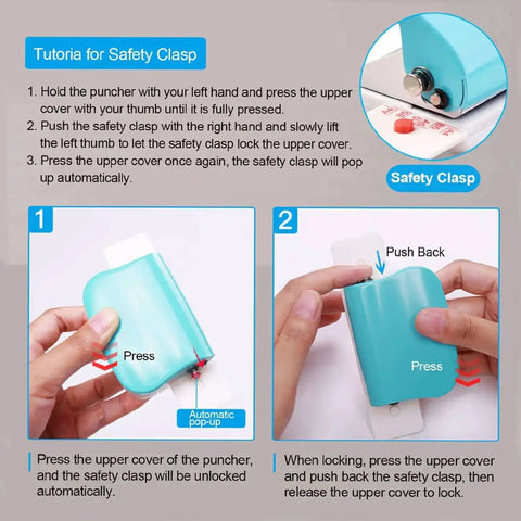Instructions for using safety clasp on Six Hole Loose-Leaf Paper Puncher for A4 A5 B5 Notebooks and Scrapbooks, vibrant purple.