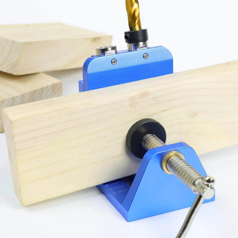 Pocket Hole Jig Kit With Adjustable Drill Guide and Stop Collars in use on wooden board, showing heavy-duty aluminum construction.