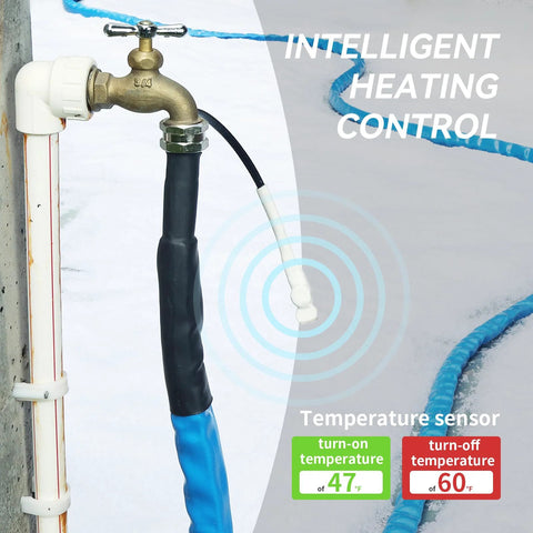 Heated RV water hose 35 ft with blue outer jacket and black insulated midsection connected to a brass faucet