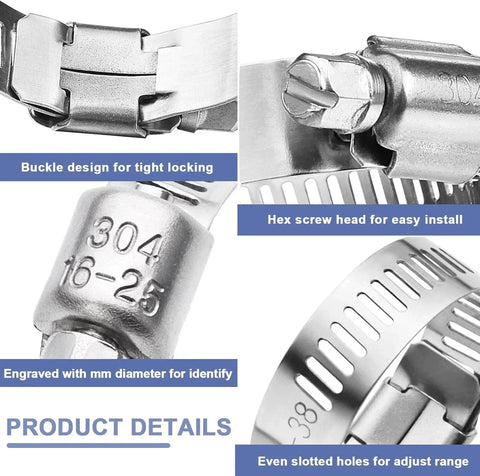 Hose Clamp Assortment 180 Pcs Stainless Steel Worm Gear Clamps Kit showing close-up of buckle design, hex screw, and diameter marking for easy install.
