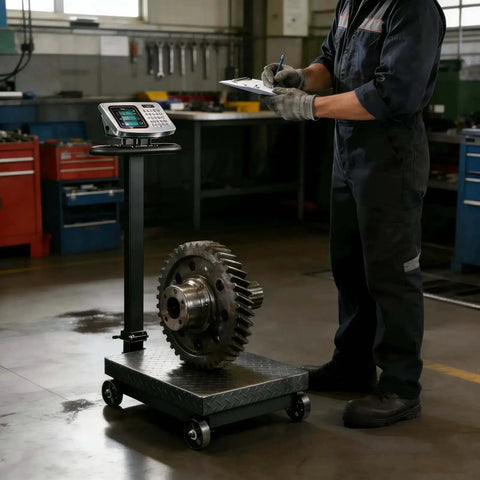 660lb Heavy Duty Floor Platform Scale With Wheels Workhorse Digital Scale for weighing industrial gear in a workshop
