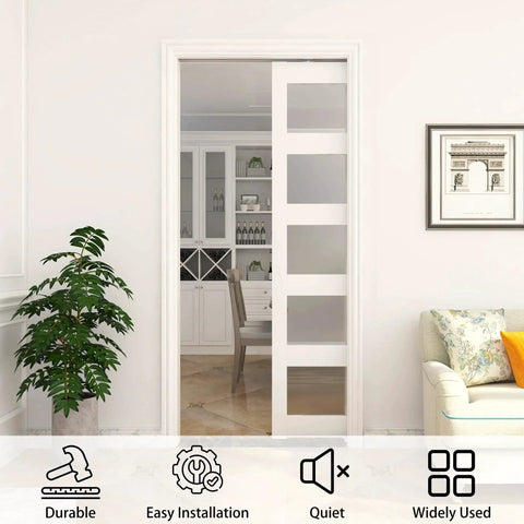 Interior room with Commercial Grade 6Ft Pocket Door Hardware And Track Set With Soft Close Mechanism for doors 24 to 36 inches, installed view.