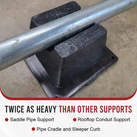 USA Made Four Pack Mini Rooftop Pipe Supports 6 Inch By 6 Inch By 3 Inch 300 Pound Capacity UV Resistant Durable Roof Pipe Supports For Conduit Rubber PVC And Metal Pipes Universal Fit shown supporting a metal pipe.
