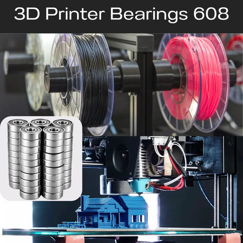 608 2RS Double Rubber Sealed Ball Bearings Set 50 Pack for 3D Printers with chrome steel, shown with filament spools and printed model.