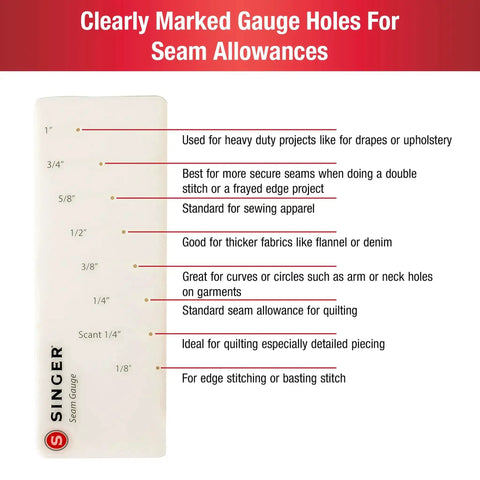 Stitch Gauge And Guide For Sewing Enthusiasts showing pre-drilled holes for one eighth to one inch seam allowances.