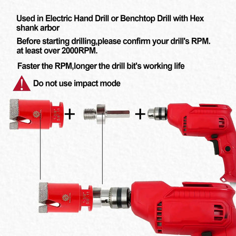 Pro Grade Diamond Core Drill Bit Set For Porcelain Tile Ceramic Marble And Granite 12 Piece Kit shown with electric hand drill setup