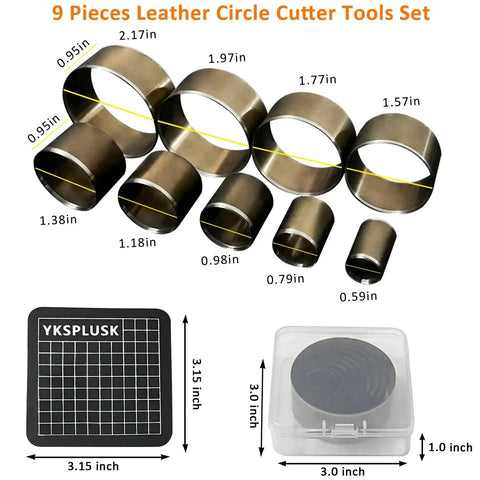 Leather Circle Cutter Set For DIY Leather Projects, 9 Piece Circle Punch Tool Kit Spanning 15 To 55mm with storage case and mat