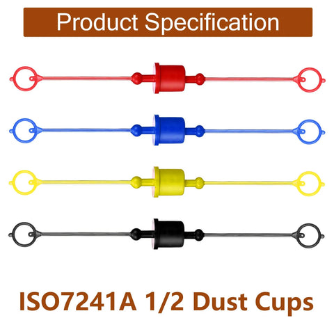 Ojeemii 4-pack hydraulic dust caps and plugs for 1/2 in flat-face quick disconnects; red, blue, yellow, black.