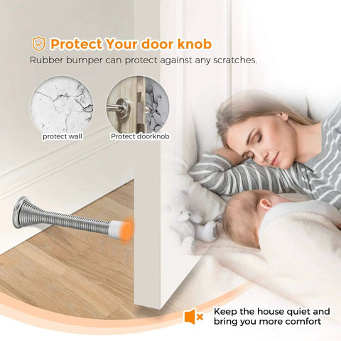 Spring Door Stops With Rubber Bumpers Satin Nickel 12 Pack For Bottom Of Door shown installed on wall protecting door
