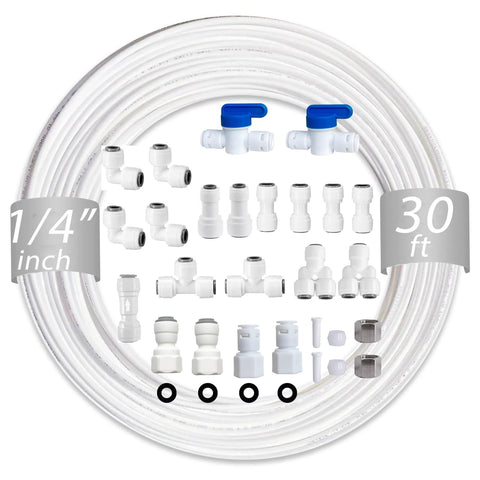 1/4 in water tubing and push-to-connect RO fittings kit; 30 ft of white tubing with 23 connectors and blue shut-off valves