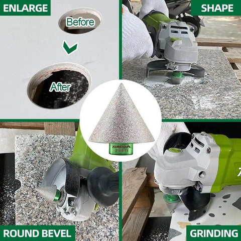 Pro Grade Diamond Core Drill Bits Kit For Tile And Stone in use, demonstrating beveling and enlarging holes on tiles with grinder tool.