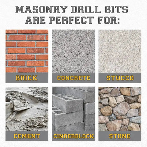 Masonry drill bits suitable for brick, concrete, stucco, cement, cinderblock, and stone surfaces.