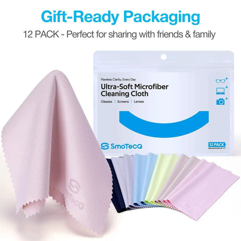 12 Pack Ultra Soft Microfiber Lens Cloths For Glasses Screens Cameras, color-coded cloths displayed with packaging