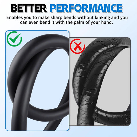 Boltigen 3/8 in ID transmission oil cooler hose, 10 ft, black smooth exterior; shown beside a cracked hose.