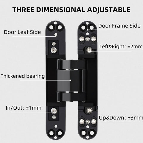 Diagram of Hidden Door Hinges 6 Inch Heavy Duty Concealed 180 Degree Swing 3 Way Adjustable Butt Hinges for Wooden Doors Black Finish 2 Pack Quiet Close Bedroom Doors