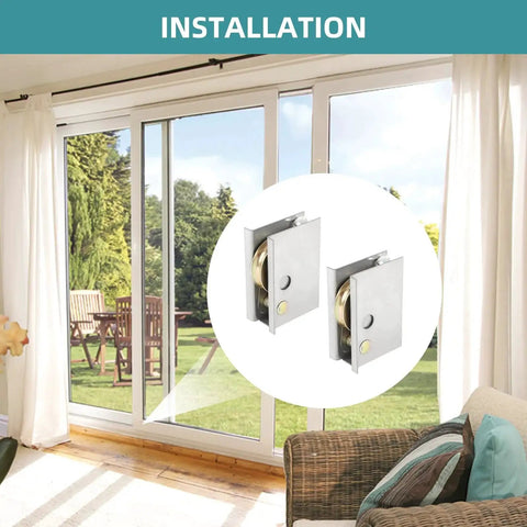 Pella Sliding Patio Door Rollers Replacement Kit, One And A Half Inch Steel Ball Bearing, Rear Adjustable Height, 2 Pack shown installed