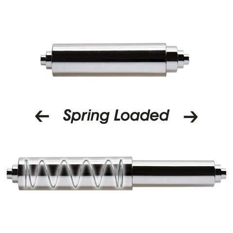 Spring Loaded Toilet Paper Roll Holder Replacement In Chrome Finish Durable Plastic Construction Fits Most Standard Spring Loaded Dispensers Easy Tool Free Installation With 3 Step Ends - top and side view
