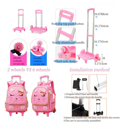Girls Rolling Backpack Trolley School Bag With Cat Face Bowknot Pink Reflective Strip Cute Luggage showcasing 2 vs 6 wheels and installation method