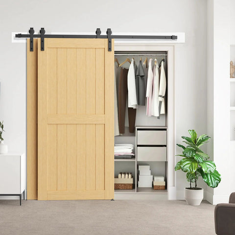 Installed 12 Foot Bypass Sliding Barn Door Hardware Kit With Single Track For Double Doors, Heavy Duty Steel Rails And Pulleys