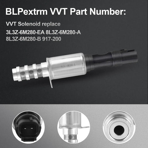 VVT Solenoid Replacement For Ford F150 Explorer Expedition Mustang Lincoln Navigator Lincoln Mark LT 4.6L 5.4L V8 Camshaft Position Actuator Solenoid 8L3Z 6M280 A 2 Pack Fits 3L3Z 6M280 EA 3L3Z6M280EA, displayed with metal body and connector close-ups.