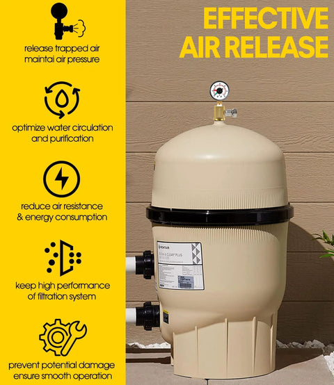 Pool filter air relief valve with pressure gauge; beige housing, brass valve, Pentair label
