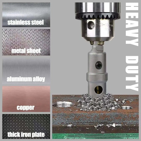 Heavy Duty 15 Piece Carbide Hole Saw Kit With Pilot Drill From Five Eighths To Three Inches For Metal And Plastic Projects, Cuts Stainless Steel Iron Mild Steel Aluminum Fiberglass, Includes Two Hex Spanners Vearter shown cutting through metal.