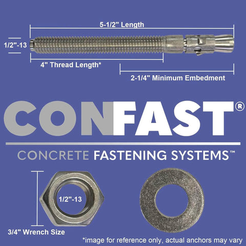 Half Inch By Five And A Half Inch 316 Stainless Steel Wedge Anchor Five Per Box Rust Resistant For Harsh And Caustic Environments Includes Nuts And Washers Fast And Easy Installation, showing anchor, nut, and washer dimensions.