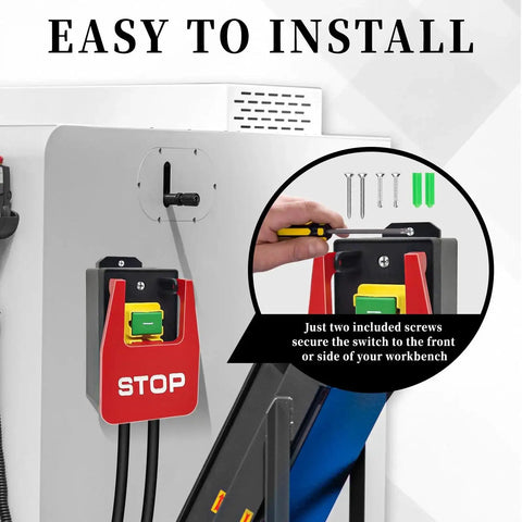 Emergency Stop Safety Switch With Large Red Stop Paddle For Hands Free Operation on a workshop table with installation tools.